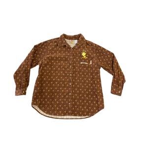 90s Vintage Tweety Bird Heavenly Brown Floral Corduroy Button Up Shirt Size 18W